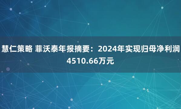 慧仁策略 菲沃泰年报摘要：2024年实现归母净利润4510.66万元